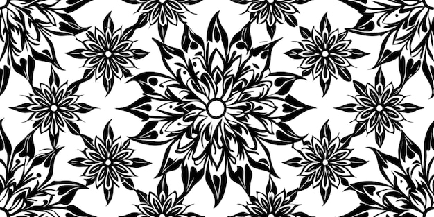 Patrón sin costuras de mandala floral negra y blanca