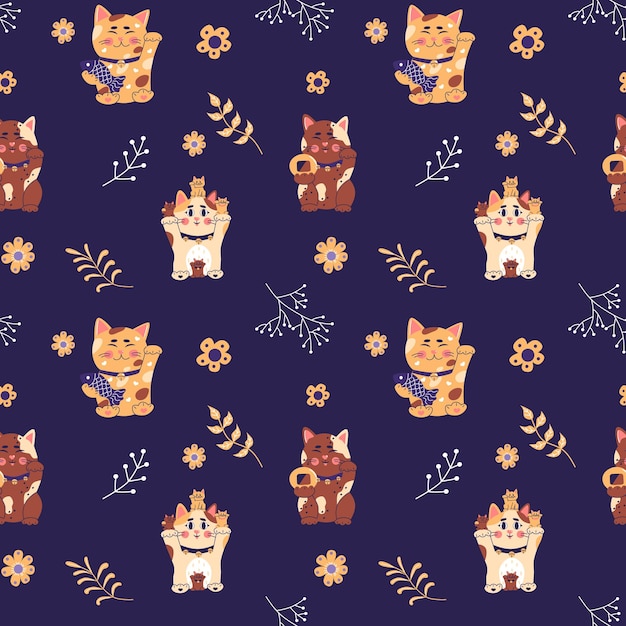 Patrón sin costuras con Maneki neko gato de la suerte japonés símbolo de la fortuna ilustración vectorial plana