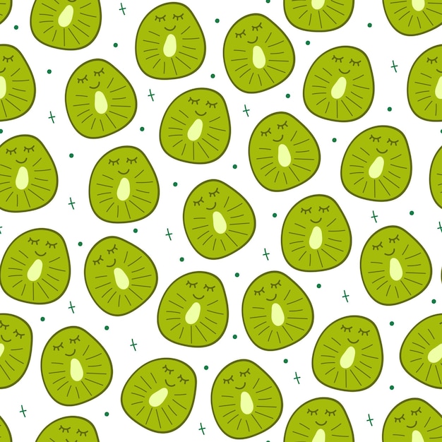 Patrón sin costuras de la mano dibujar fruta de kiwi con ojos kawaii en fondo blanco