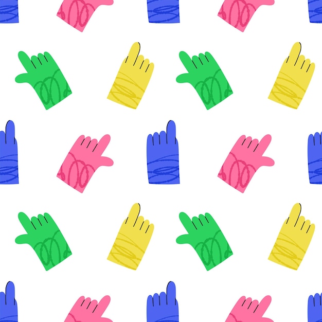 Patrón sin costuras de manos Los brazos coloridos de dibujos animados muestran diferentes signos de gestos Elementos sobre fondo blanco Decoración textil papel de envolver papel tapiz vector impresión o tela