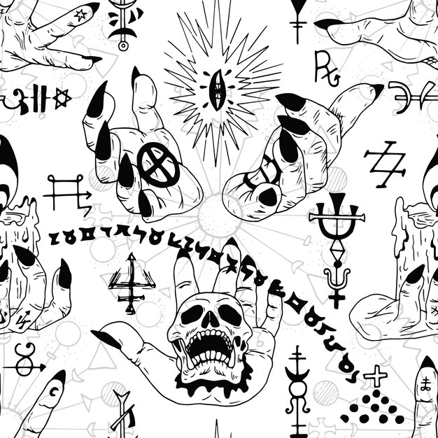 Patrón sin costuras con manos, cráneo y símbolos misteriosos.