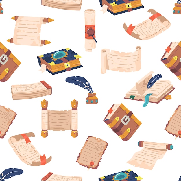 Patrón sin costuras con manuscritos antiguos que ofrecen un aspecto vintage y sofisticado para varios proyectos de diseño Fondo de mosaico con pergaminos antiguos Plumas de pluma Pergaminos Ilustración vectorial de dibujos animados