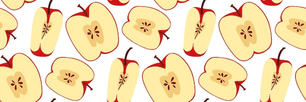 Patrón sin costuras con manzana roja cortada por la mitad mostrando el núcleo y la cuarta parte de una manzana