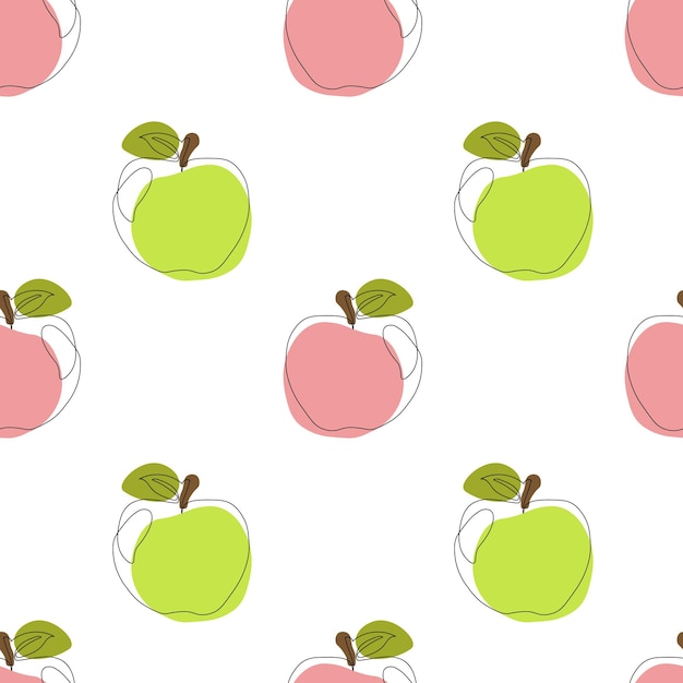Patrón sin costuras con manzana sobre fondo blanco Manzana de dibujo continuo de una línea Arte de línea negra sobre fondo blanco con manchas de colores Concepto vegano