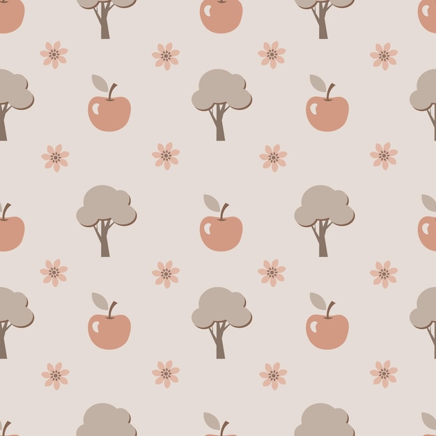 Patrón sin costuras con manzanas y árboles en un fondo beige de colores pastel