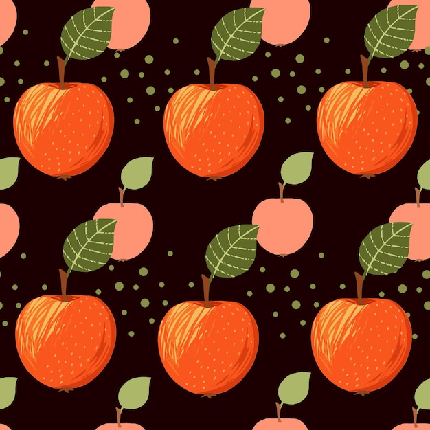 Patrón sin costuras de manzanas con hojas verdes ilustración vectorial plana sobre fondo negro