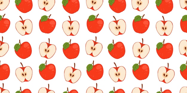Patrón sin costuras con manzanas rojas sobre un fondo blanco manzana entera y cortada en rodajas El diseño es genial para etiquetas de tela de papel tapiz envasado