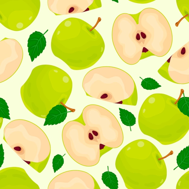 Patrón sin costuras de manzanas verdes y trozos de hojas verdes Bayas maduras Recolección de frutas
