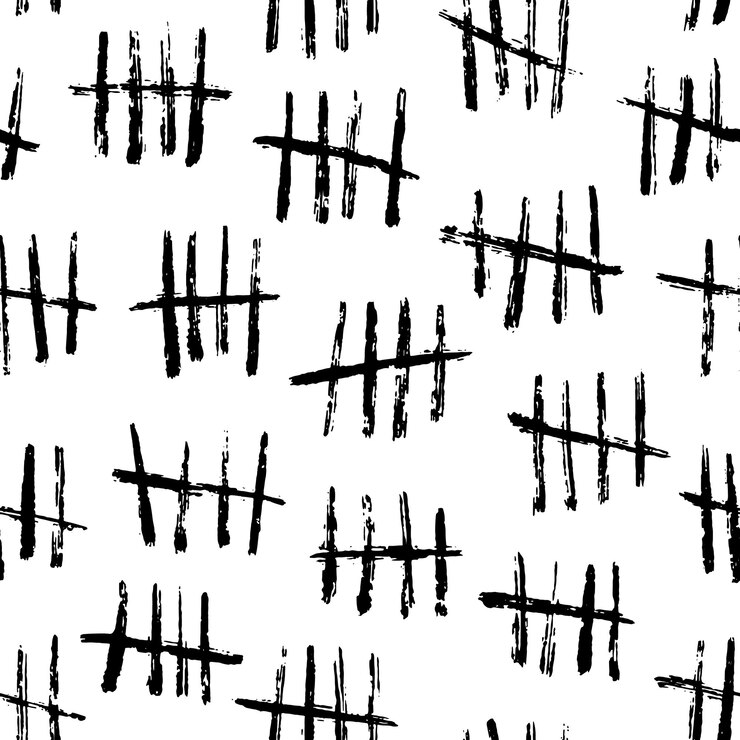 Vector patrón sin costuras con marcas de conteo de pared fondo de vector de impresión grungy textil o fondo de pantalla con pinceladas de pintura negra o líneas de tinta para el tiempo pasado días número de conteo