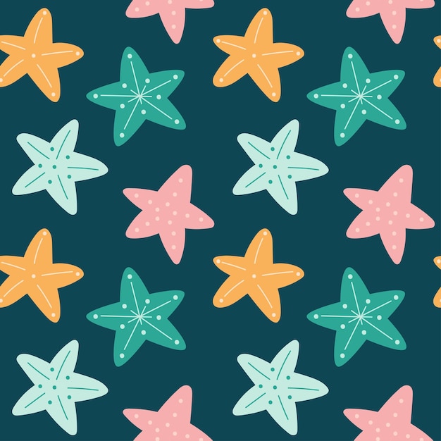 Patrón sin costuras Marina con estrellas de mar sobre fondo azul en el océano
