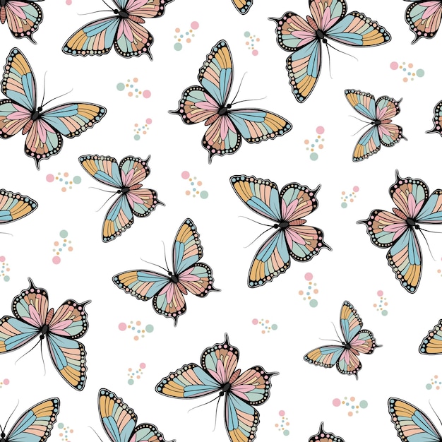 Un patrón sin costuras con una mariposa en un fondo blanco en un estilo boho
