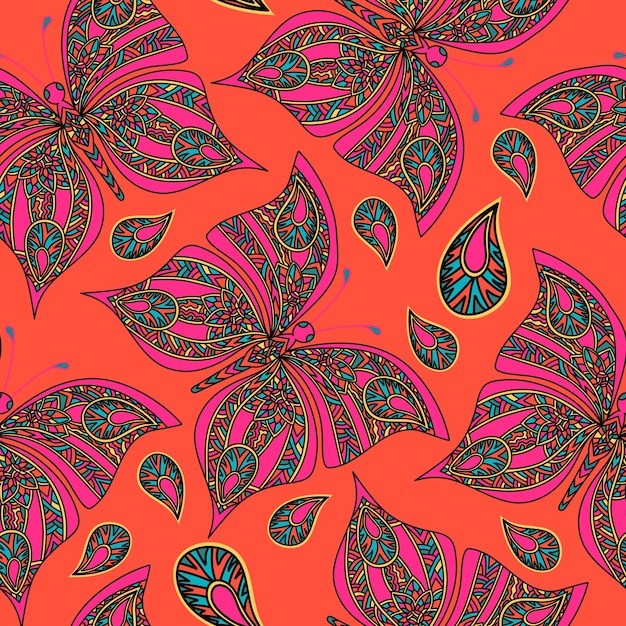 Patrón sin costuras con mariposa rosa en estilo zentangle sobre fondo rojo