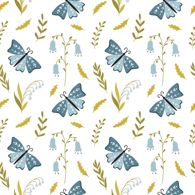 Patrón sin costuras con mariposas azules bonitas dibujadas a mano flores de primavera lirio del valle hierbas y ramas para envolver papel scrapbooking textiles para el hogar ilustración vectorial en blanco