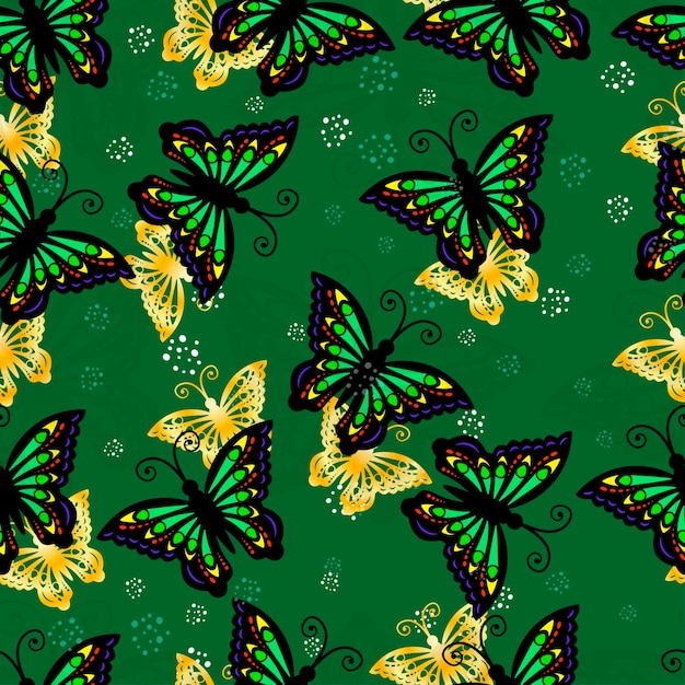 Patrón sin costuras de mariposas coloreadas y doradas sobre un fondo verde para textiles y embalajes