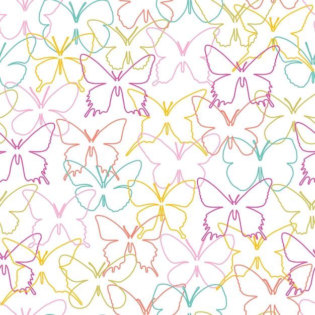 Patrón sin costuras de mariposas de contorno multicolor sobre un fondo blanco. ilustración vectorial