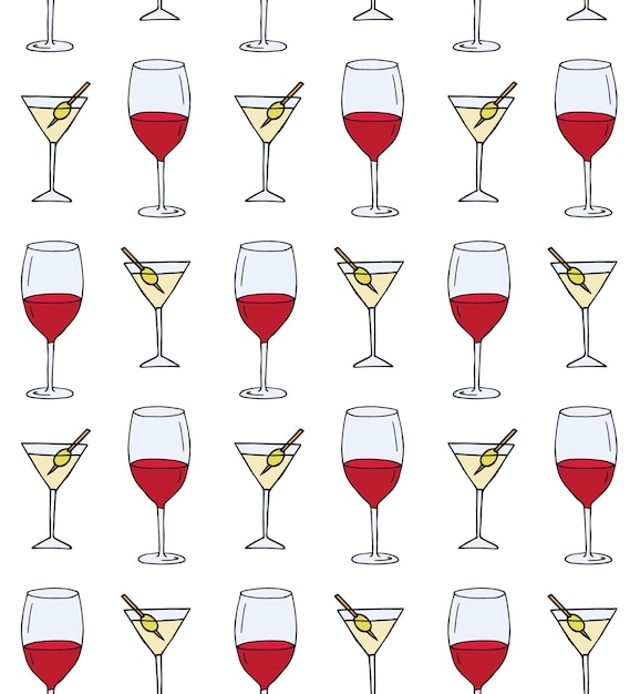 Patrón sin costuras de martini dibujado a mano y copa de vino