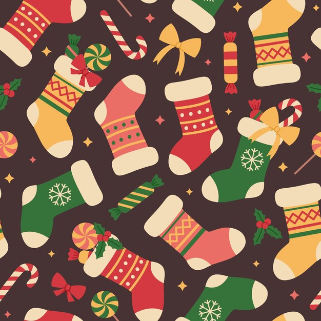 Patrón sin costuras con medias de Navidad coloridas en fondo marrón Calcetines de regalo de vacaciones
