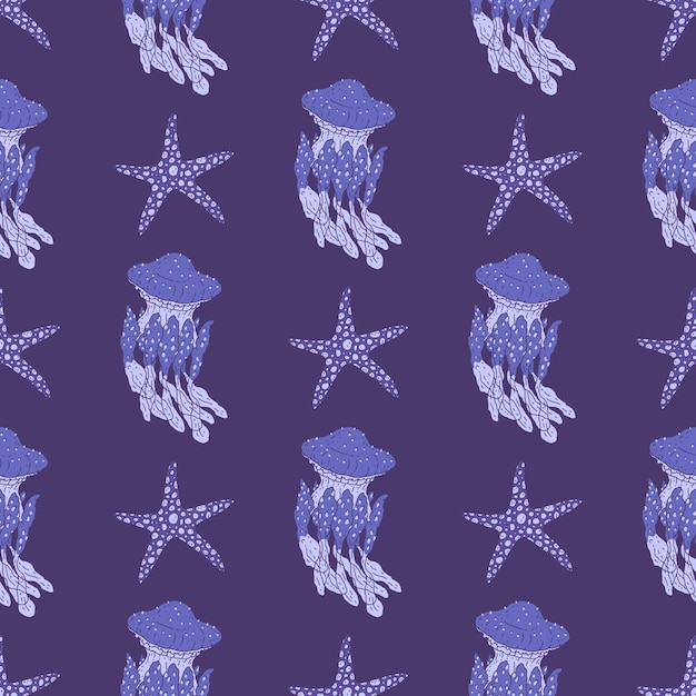 Patrón sin costuras de medusas azules y estrellas de mar Vector arrecife coralino animales del océano vida submarina garabato bosquejo fondo