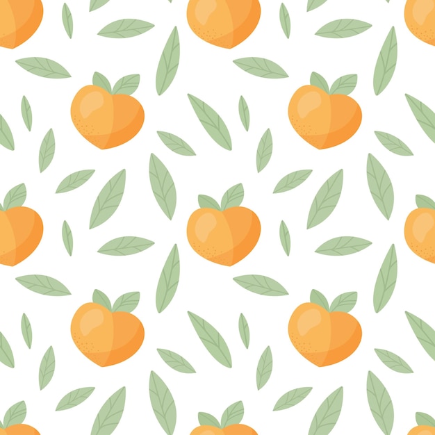 Patrón sin costuras con melocotones lindos frescos y hojas en estilo plano Ilustración de vector de dibujos animados