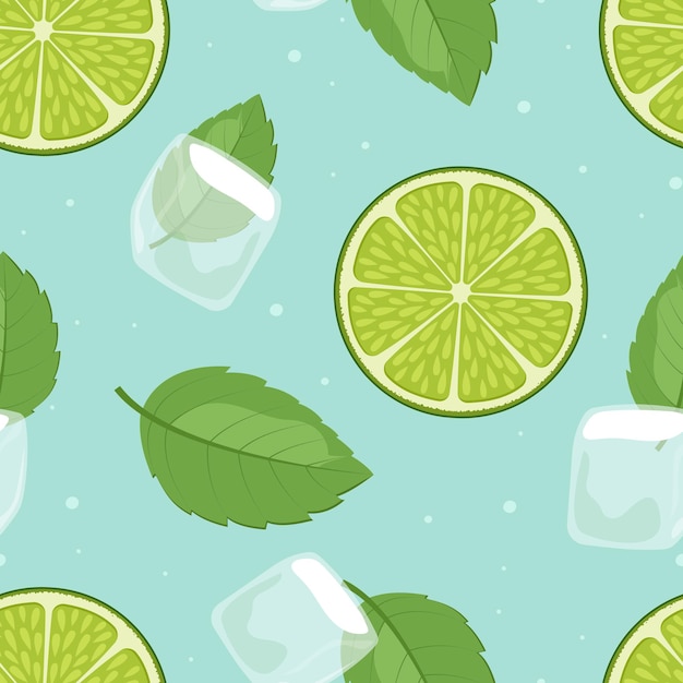 Patrón sin costuras con menta de lima y hielo sobre fondo azul