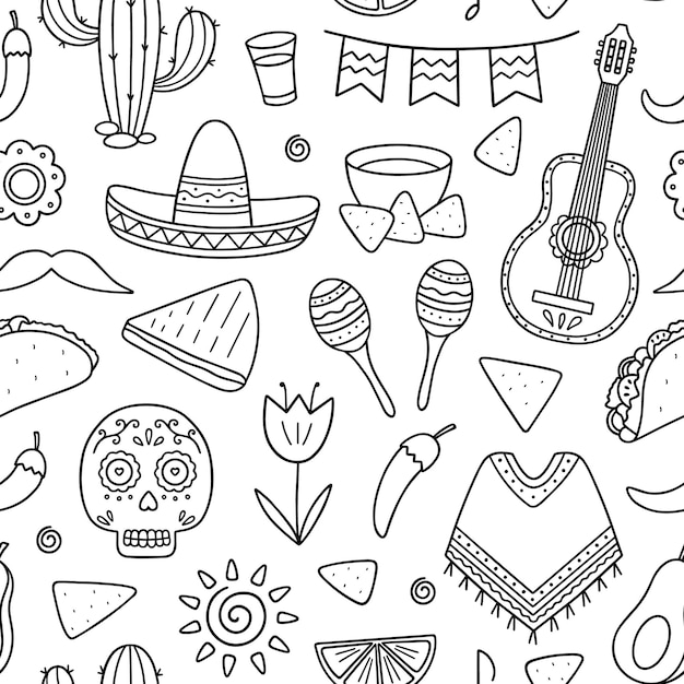 Patrón sin costuras de Mexico garabateo Elementos de la cultura mexicana en estilo boceto