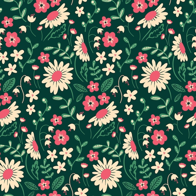 Patrón sin costuras con una mezcla de flores silvestres y hojas en un campo verde Patrón floral retro con margaritas y muchas otras plantas Diseño simple para impresión de fondo floral Vector CMYK