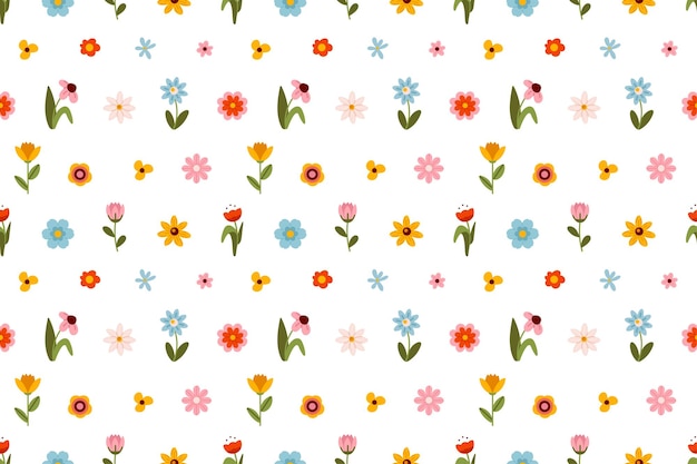 Patrón sin costuras con una mezcla de varias flores, incluidas flores azules, rojas, amarillas y rosadas