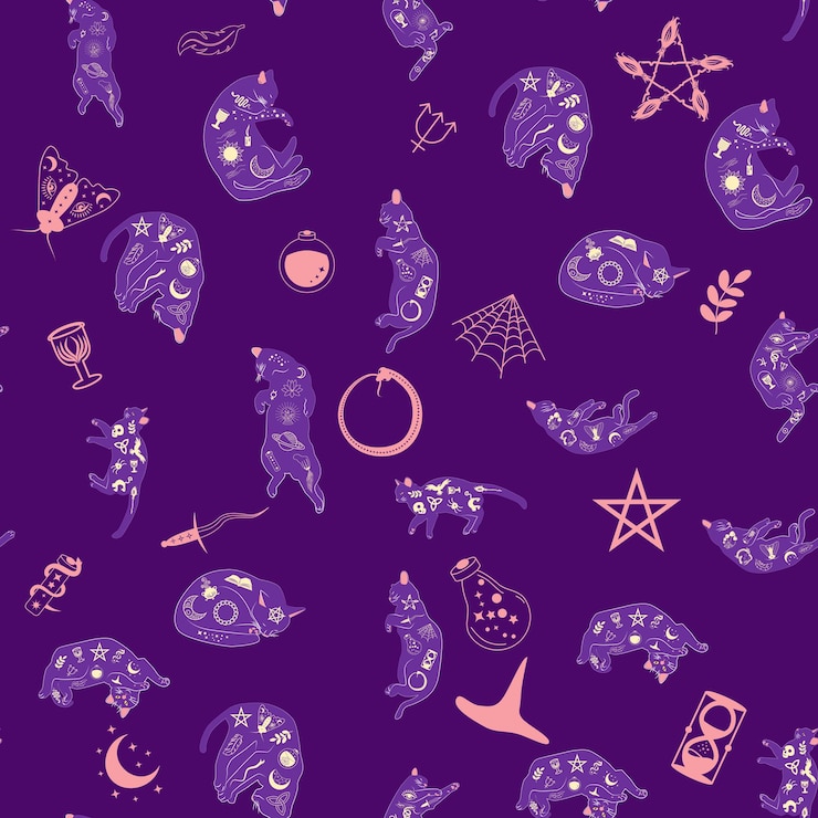 Vector patrón sin costuras místico de gatos en la colección de siluetas de estilo boho brujería y magia
