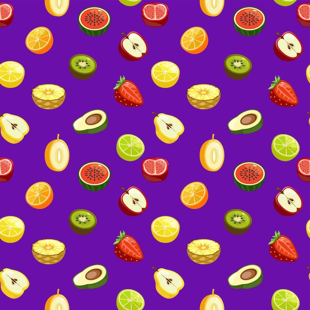 Vector patrón sin costuras con mitad de frutas y bayas en fondo vectorial violeta