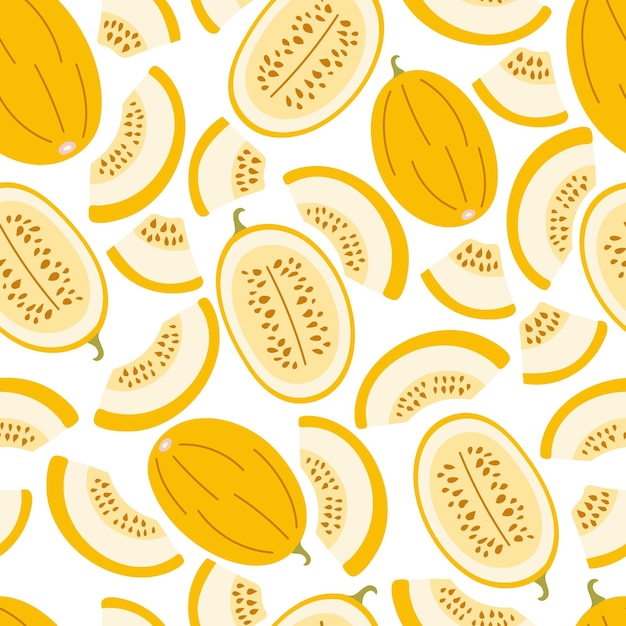 Patrón sin costuras de mitades de melones amarillos y trozos de melón sobre un fondo blanco Semillas de melón Ilustración vectorial