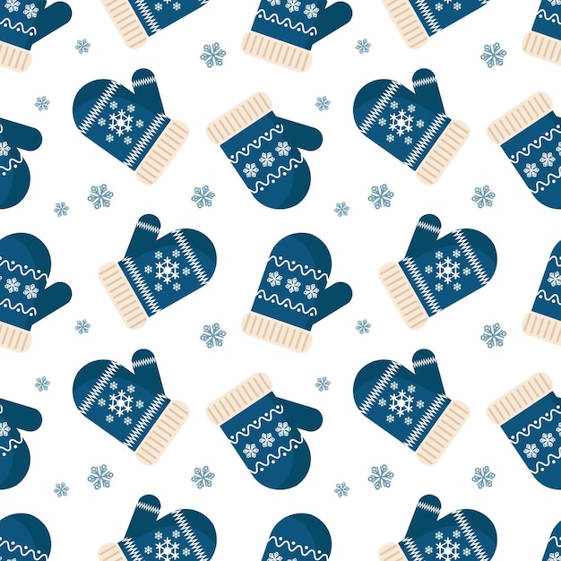 Patrón sin costuras, mitones de Navidad azul invierno con adorno de copo de nieve. Fondo, impresión, vector