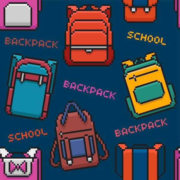 Patrón sin costuras con mochilas escolares de estilo píxel en fondo azul Bolsas escolares retro