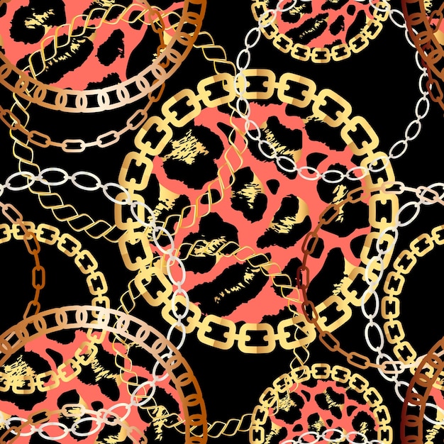 Patrón sin costuras de moda con cadenas doradas y fondo de diseño de tela con estampado de leopardo con cadena
