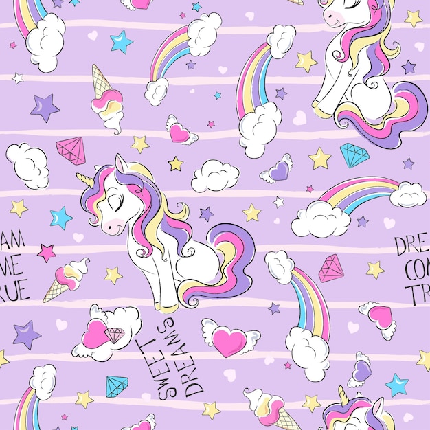 El patrón sin costuras de la moda es un unicornio lindo, personaje de dibujos animados Rainbow