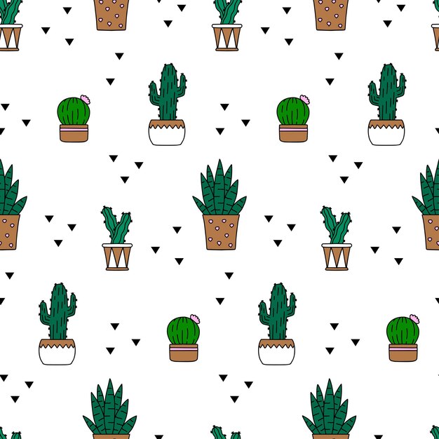 Patrón sin costuras de moda con suculentas cactus dibujados a mano y sansevieria sobre fondo blanco ilustración vectorial