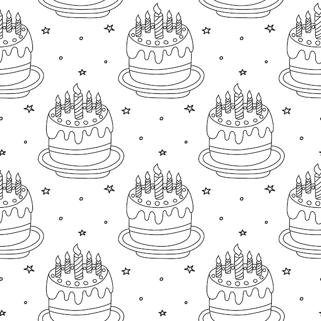 Patrón sin costuras monocromático con pasteles de cumpleaños dibujados a mano
