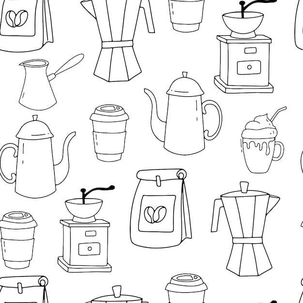 Patrón sin costuras monocromático vectorial dibujado a mano con café molinillo y olla de taza de café Doodle