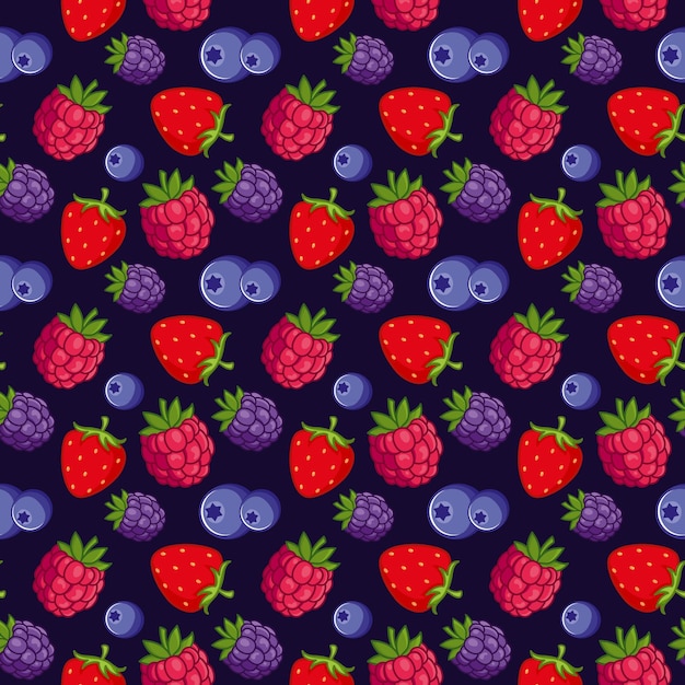 Patrón sin costuras con moras, frambuesas, hojas de fresas sobre un fondo azul. Ideal para textiles, decoraciones de verano, papel tapiz, menús de comida saludable.