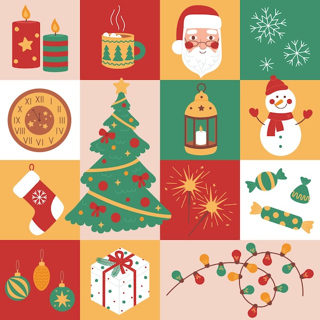 Patrón sin costuras de mosaico con elementos de Navidad de Año Nuevo Fondo geométrico con símbolos navideños