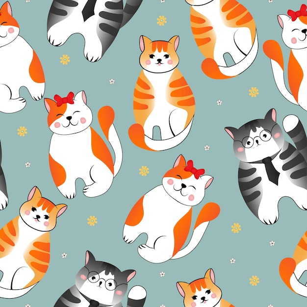 Patrón sin costuras con muchos gatos grises rojos diferentes en fondo verde Ilustración vectorial EPS 10