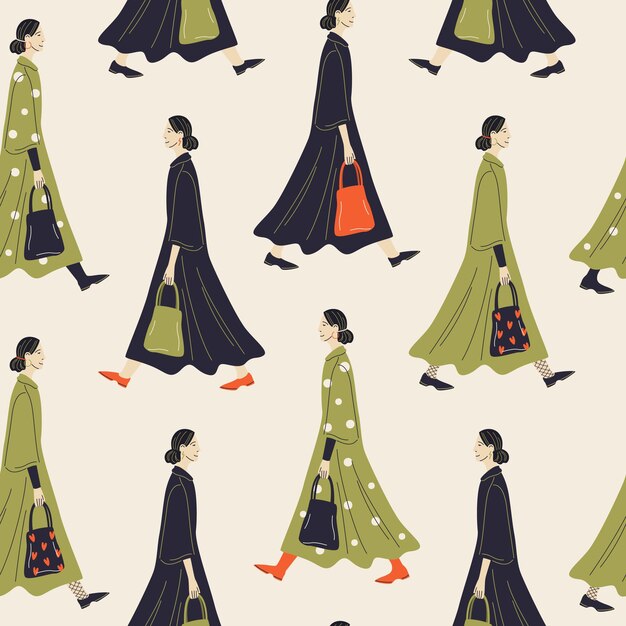 Patrón sin costuras con mujeres jóvenes con estilo caminando en trajes modernos azulejos vectoriales