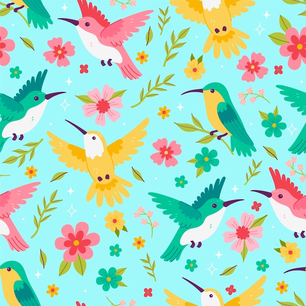 Patrón sin costuras multicolor con colibríes y flores Gráficos vectoriales