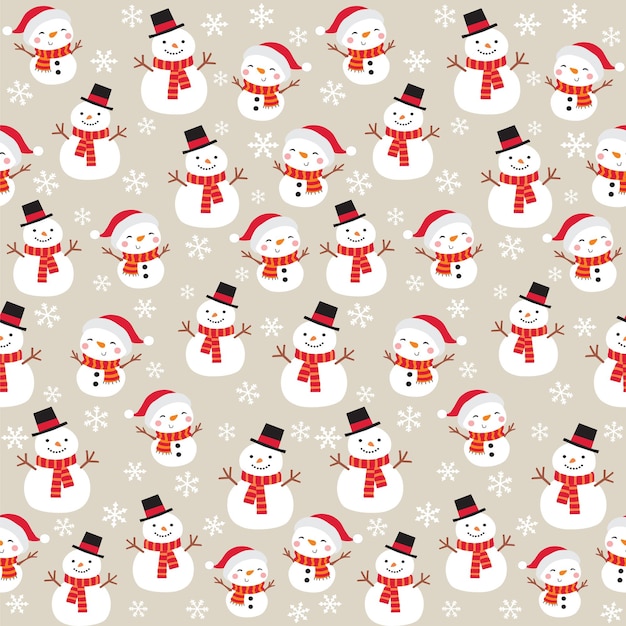 Patrón sin costuras de muñeco de nieve de Navidad con copos de nieve y fondo natural- Vector de Navidad