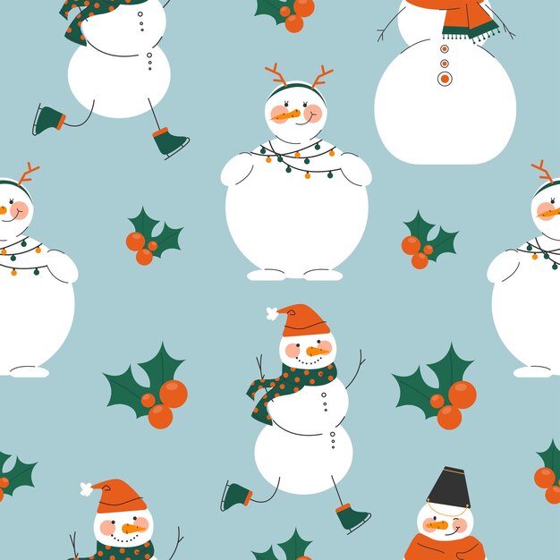 Patrón sin costuras de muñecos de nieve Ilustración vectorial plana de muñecos de nieve Ilustración acogedora y linda