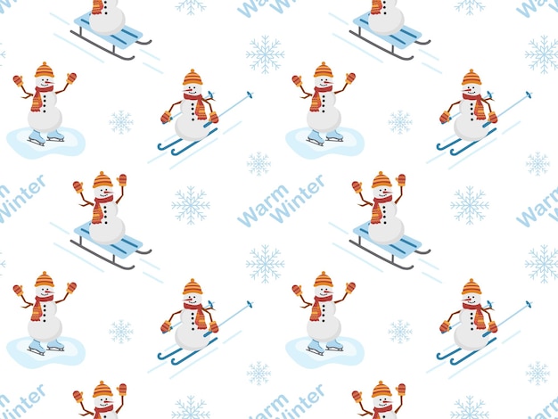 Patrón sin costuras con muñecos de nieve en patines, esquís, trineos, ilustración vectorial para papel de embalaje