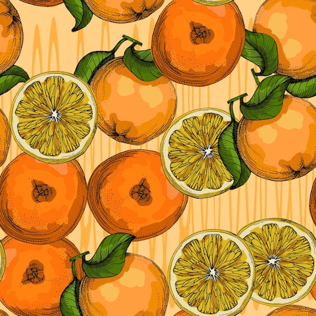 Patrón sin costuras con naranja y cactus Estilo de boceto de color fondo dibujado a mano Ilustración detallada dibujada a mano Ideal para impresiones de telas y textiles embalaje de invitaciones o cualquier idea deseada