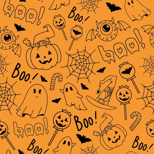 El patrón sin costuras naranja de Halloween con calabazas murciélagos arañas fantasmas dulces telaraña