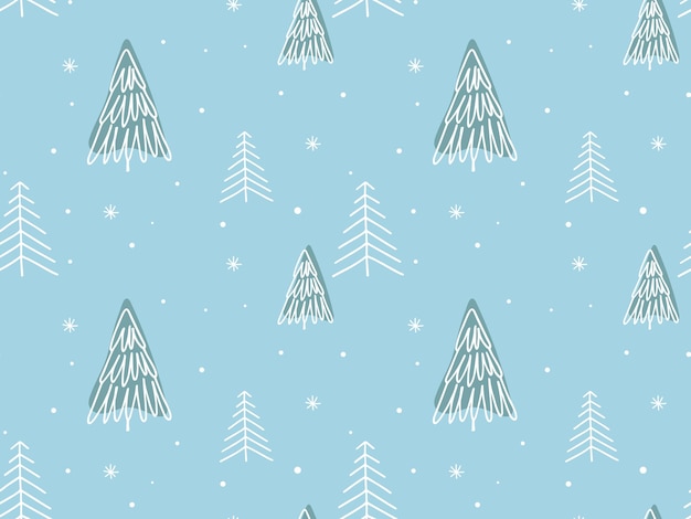 Patrón sin costuras de Navidad con abstractos abetos de pino y copos de nieve Vacaciones de invierno garabateo de fondo dibujado a mano Esbozo minimalista ilustración natural abstracta para el diseño de Navidad