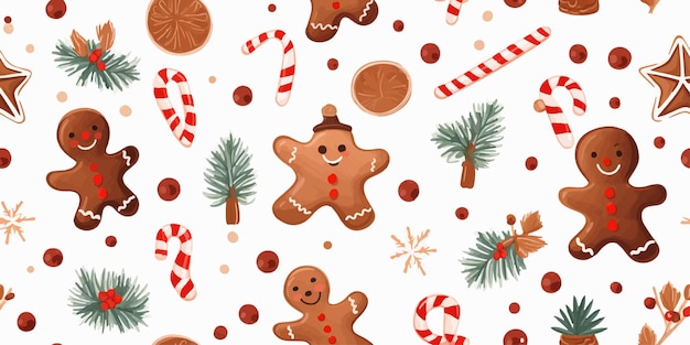 Patrón sin costuras de Navidad con adorables elementos de invierno reno caramelo pan de jengibre y rama de pino