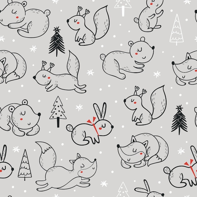 Patrón sin costuras de Navidad con animales del bosque